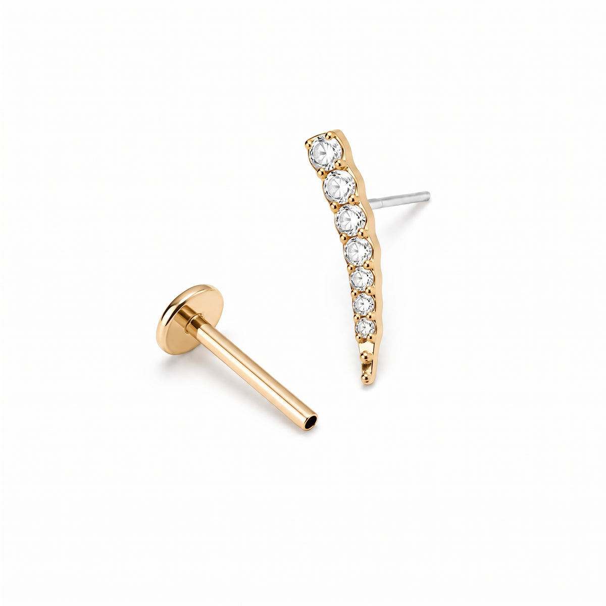 Aurora earring components separated, showing decorative head, 6mm post and 3mm flat back