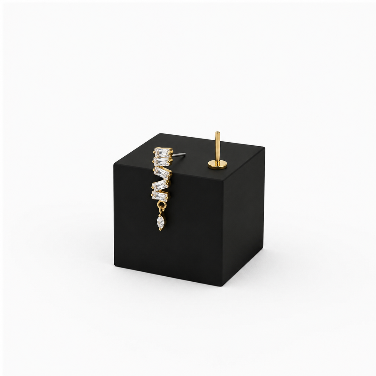 Cadence earring components separated, showing decorative head, 6mm post and 3mm flat back
