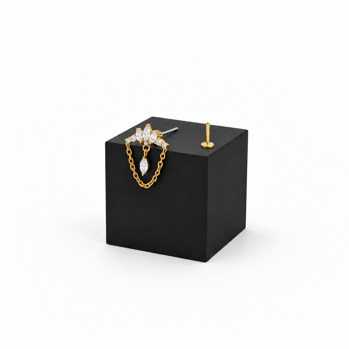 Diadem earring components separated, showing decorative head, 6mm post and 3mm flat back