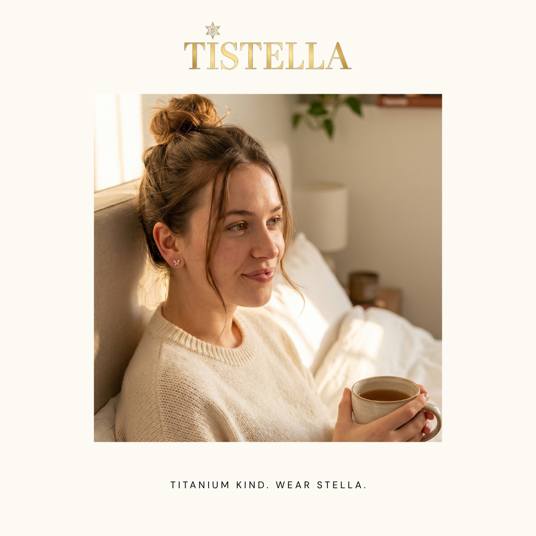 Woman relaxing at home in a cozy sweater wearing Tistella flat-back earrings all day