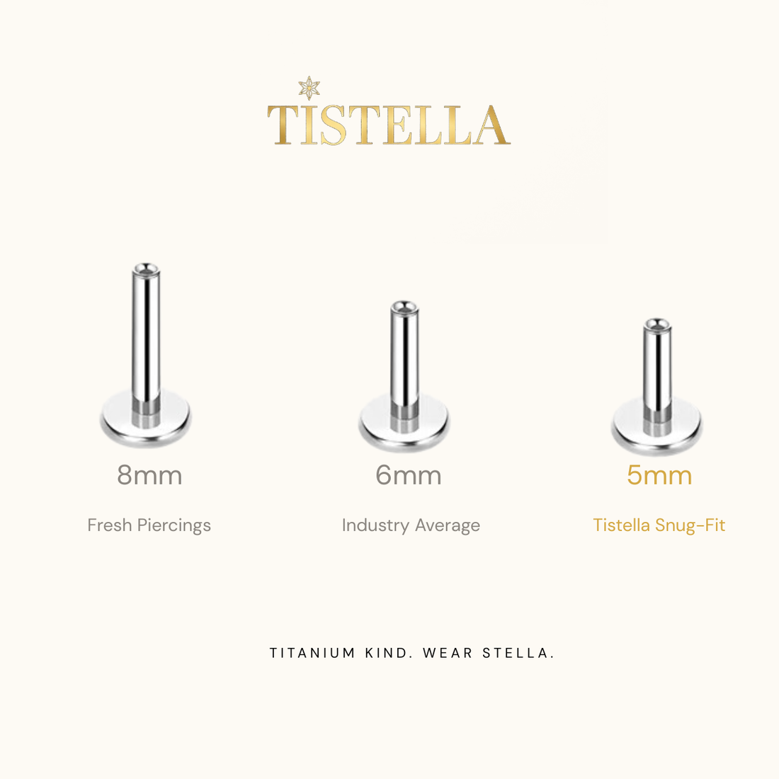 Three flat-back titanium earring posts showing 8mm, 6mm, and 5mm lengths compared side by side