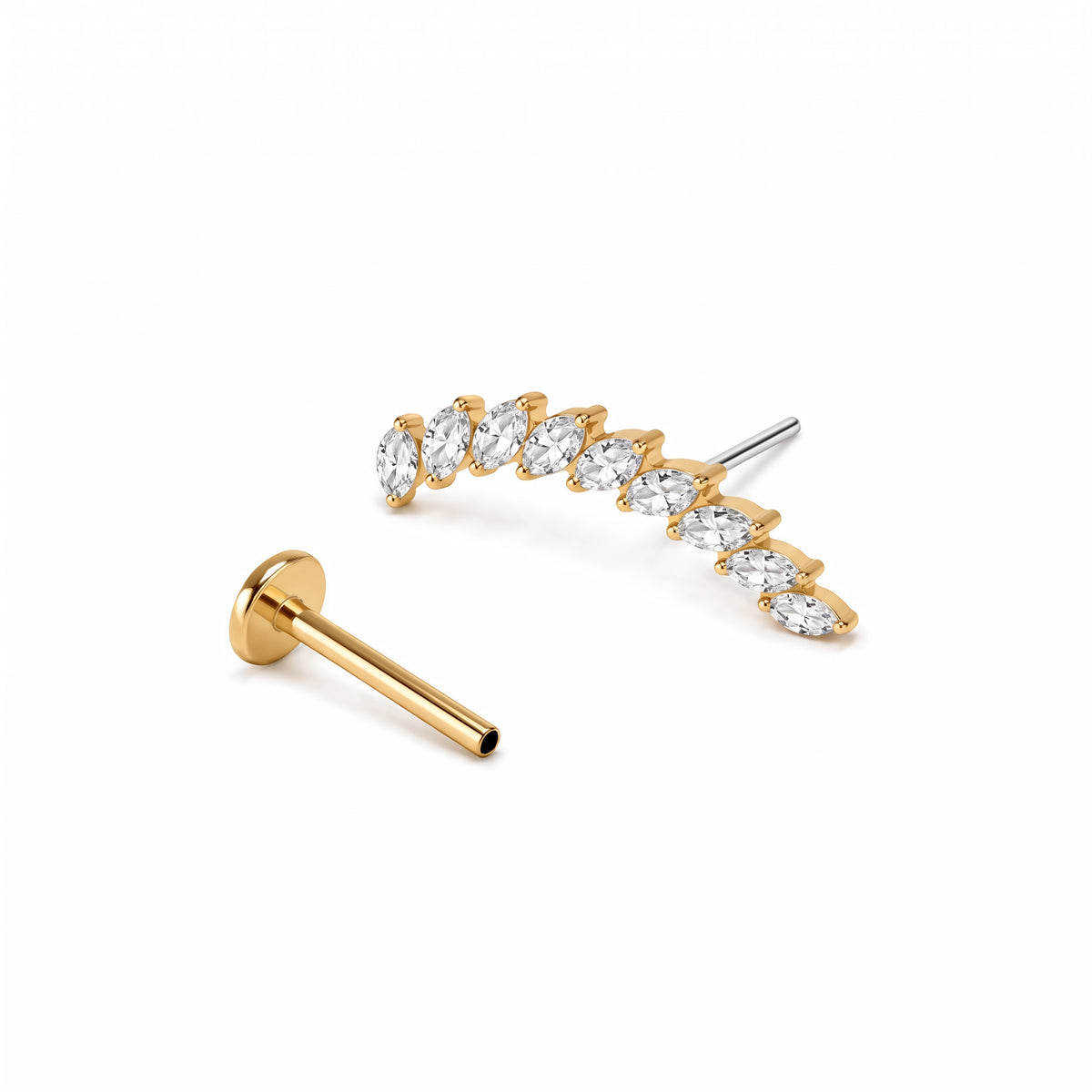 Arcturus earring components separated, showing decorative head, 6mm post and 3mm flat back