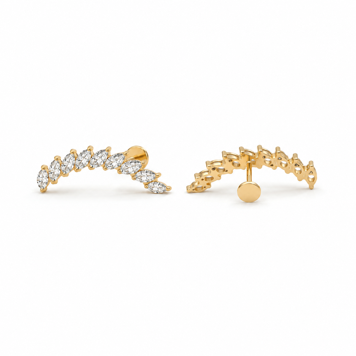 Arcturus gold flat-back earring shown from the front and the back, with the 6mm post and 3mm flat disc