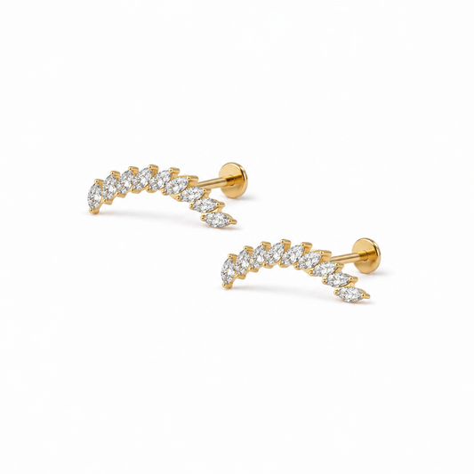  Arcturus gold flat-back earrings, nine marquise stones in a sweeping arc
