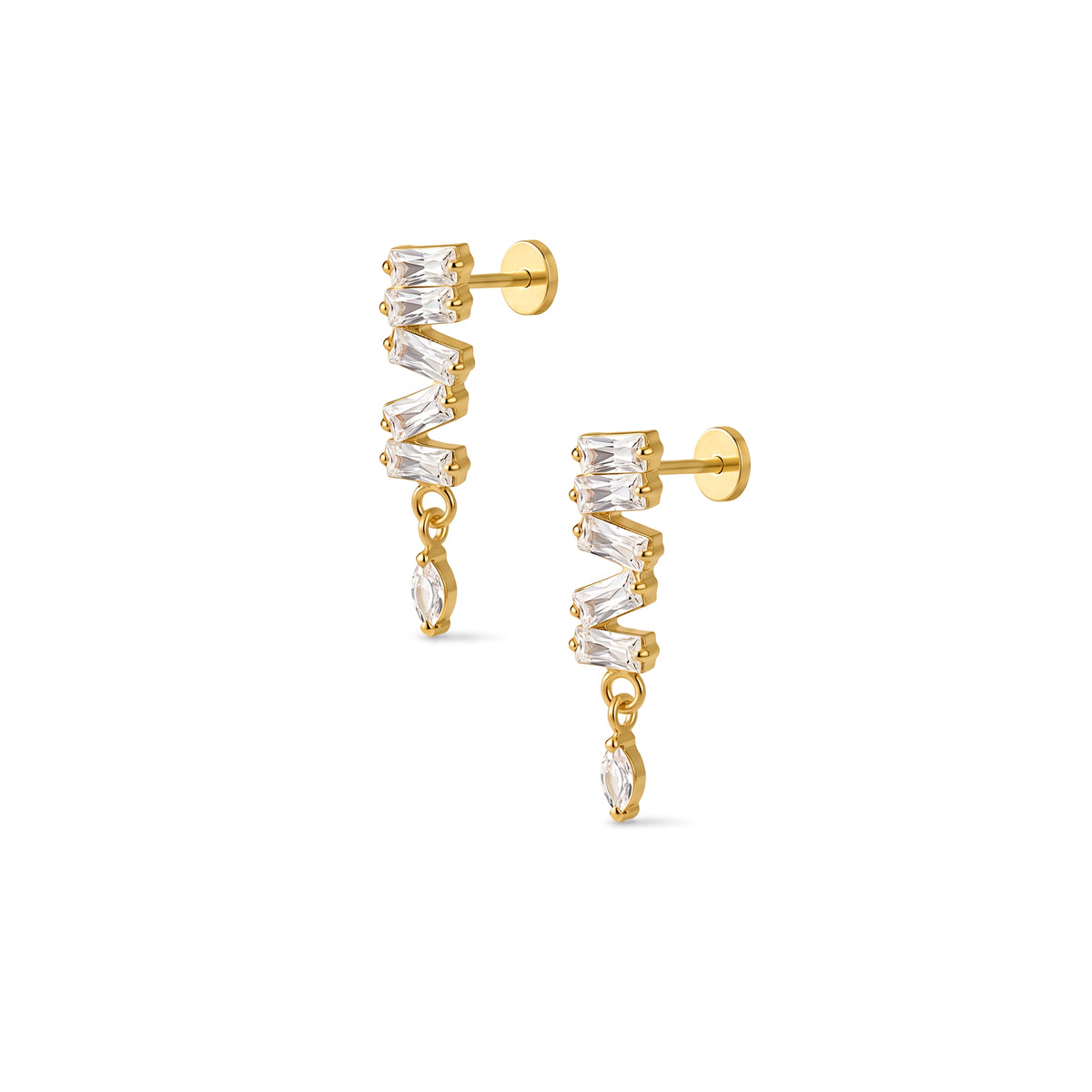Cadence gold flat-back earrings, five staggered baguette stones with a hanging marquise