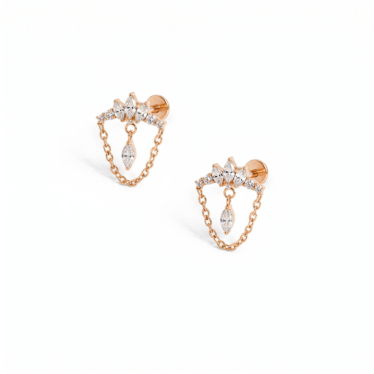 Diadem gold flat-back earrings, crown of seven stones with hanging marquise and titanium chain
