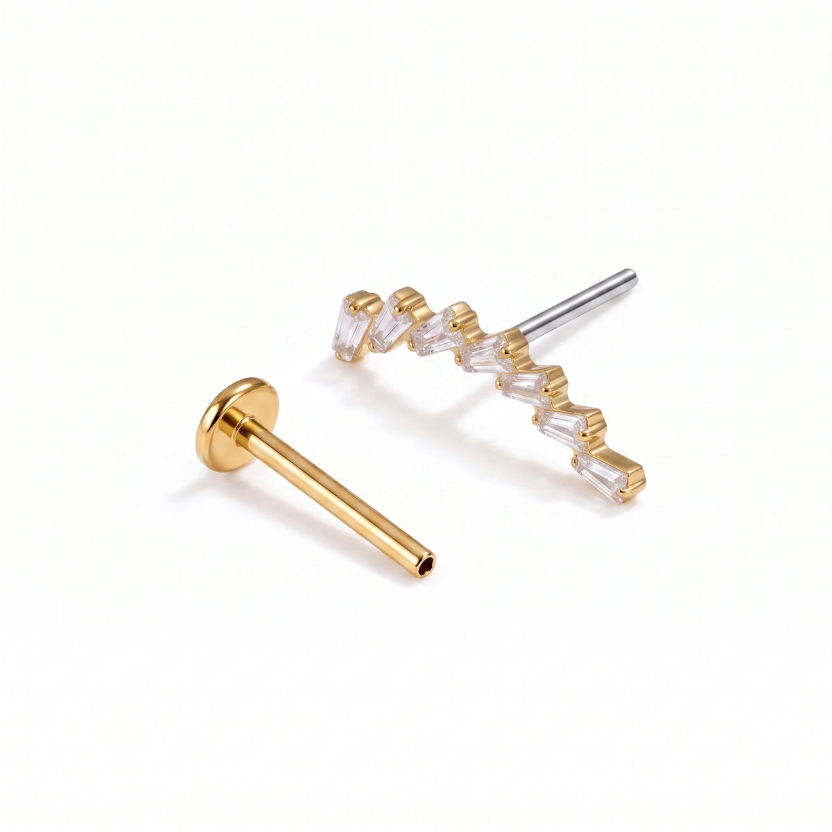 Glacia earring components separated, showing decorative head, 6mm post and 3mm flat back