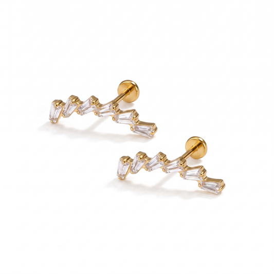 Glacia gold flat-back earrings, six tapered baguette stones in a curved arc