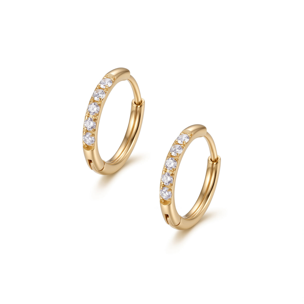 Halo 10mm gold hinged hoop earrings with five clear stones