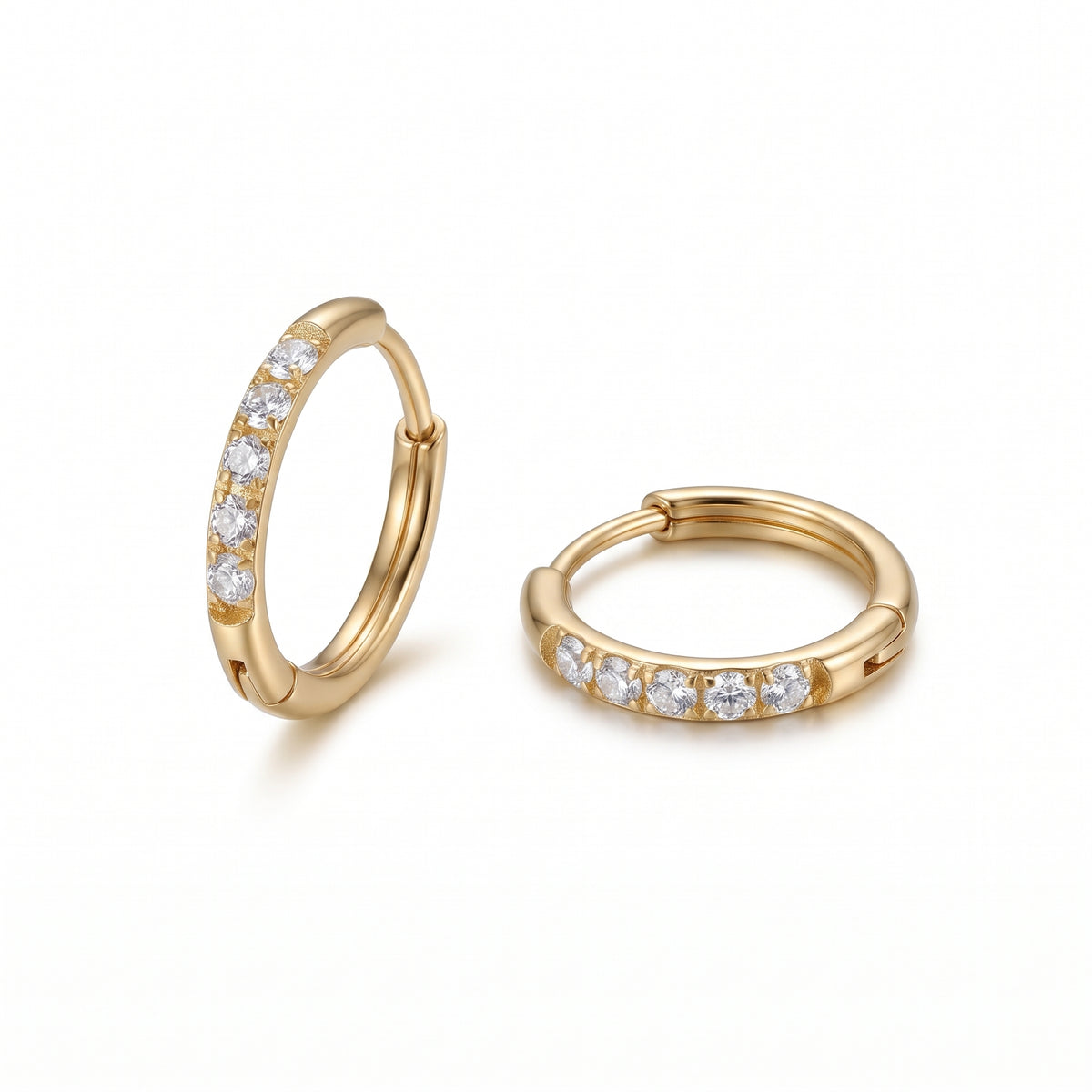 Halo 10mm gold hoop earrings, one upright and one lying flat showing the full circle