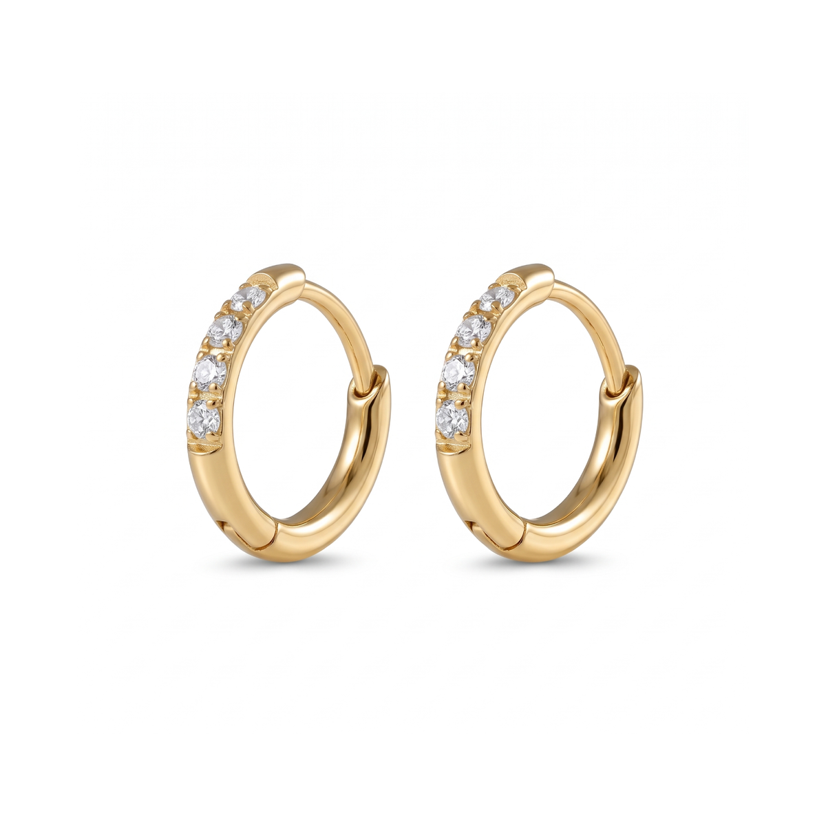 Halo 8mm gold hinged hoop earrings with four clear stones