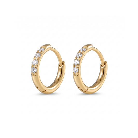 Halo 8mm gold hinged hoop earrings with four clear stones