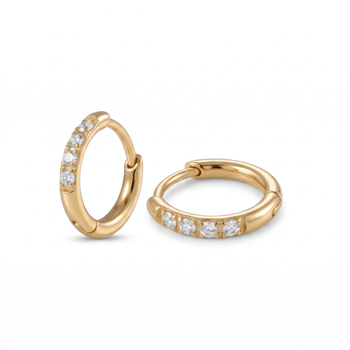 Halo 8mm gold hoop earrings, one upright and one lying flat showing the full circle