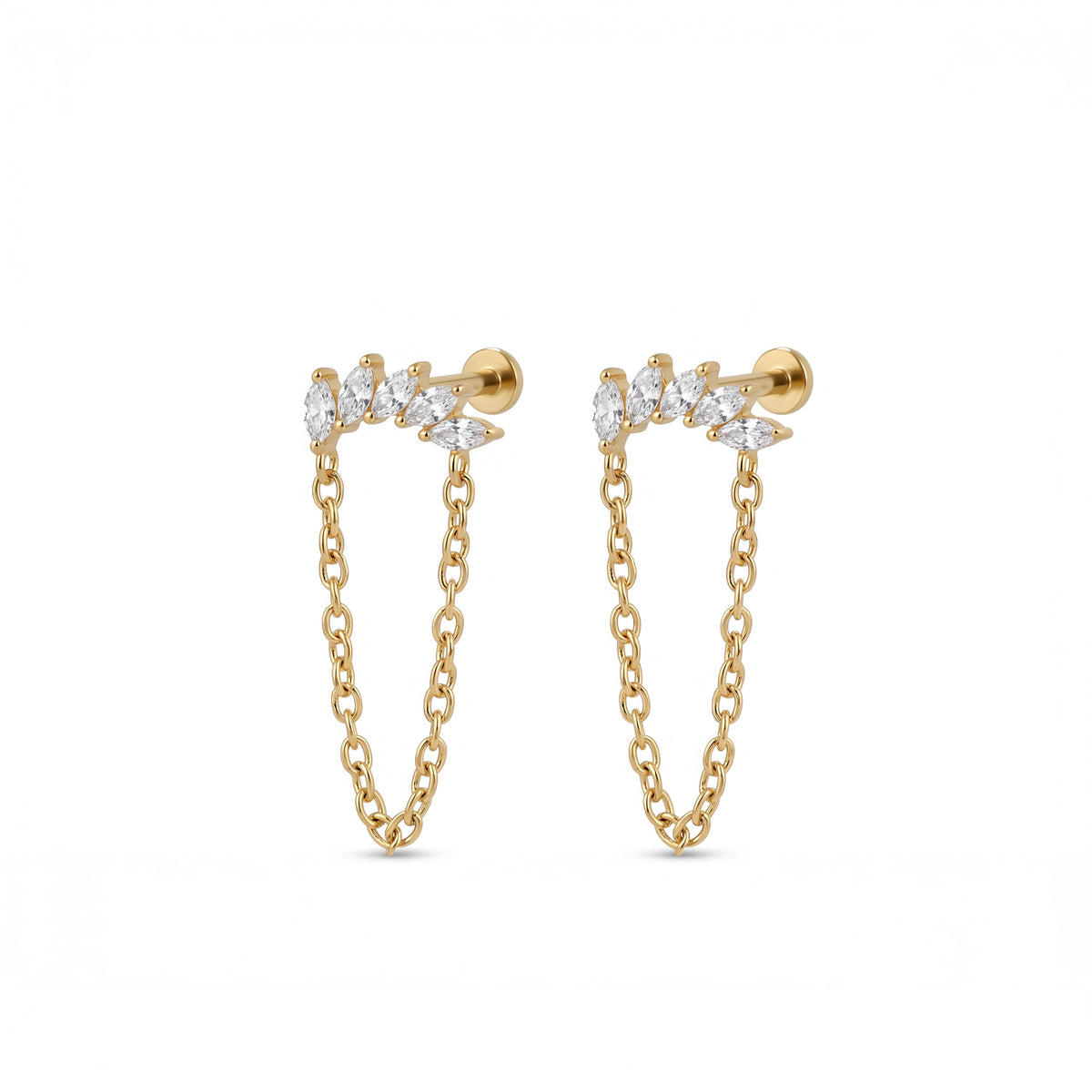 Lyra gold flat-back earrings, five marquise stones with a hanging titanium chain