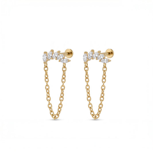 Lyra gold flat-back earrings, five marquise stones with a hanging titanium chain