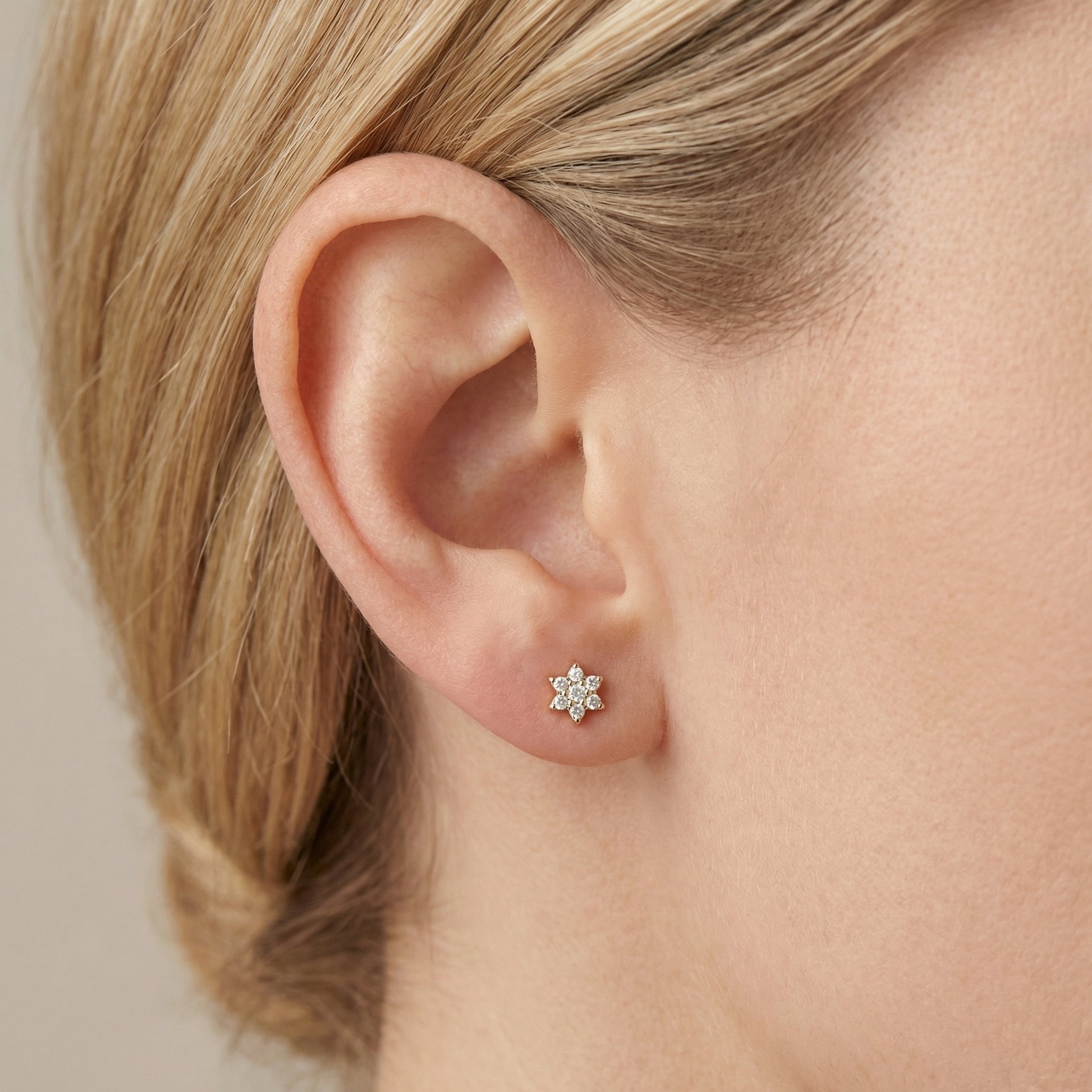 Stellara Air5 flat-back earring in gold - ear closeup detail